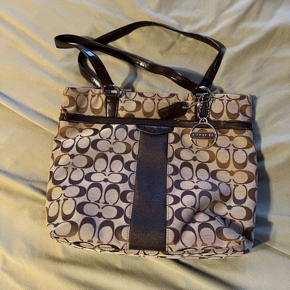 Coach Tan and Brown Signature Shoulder Bag